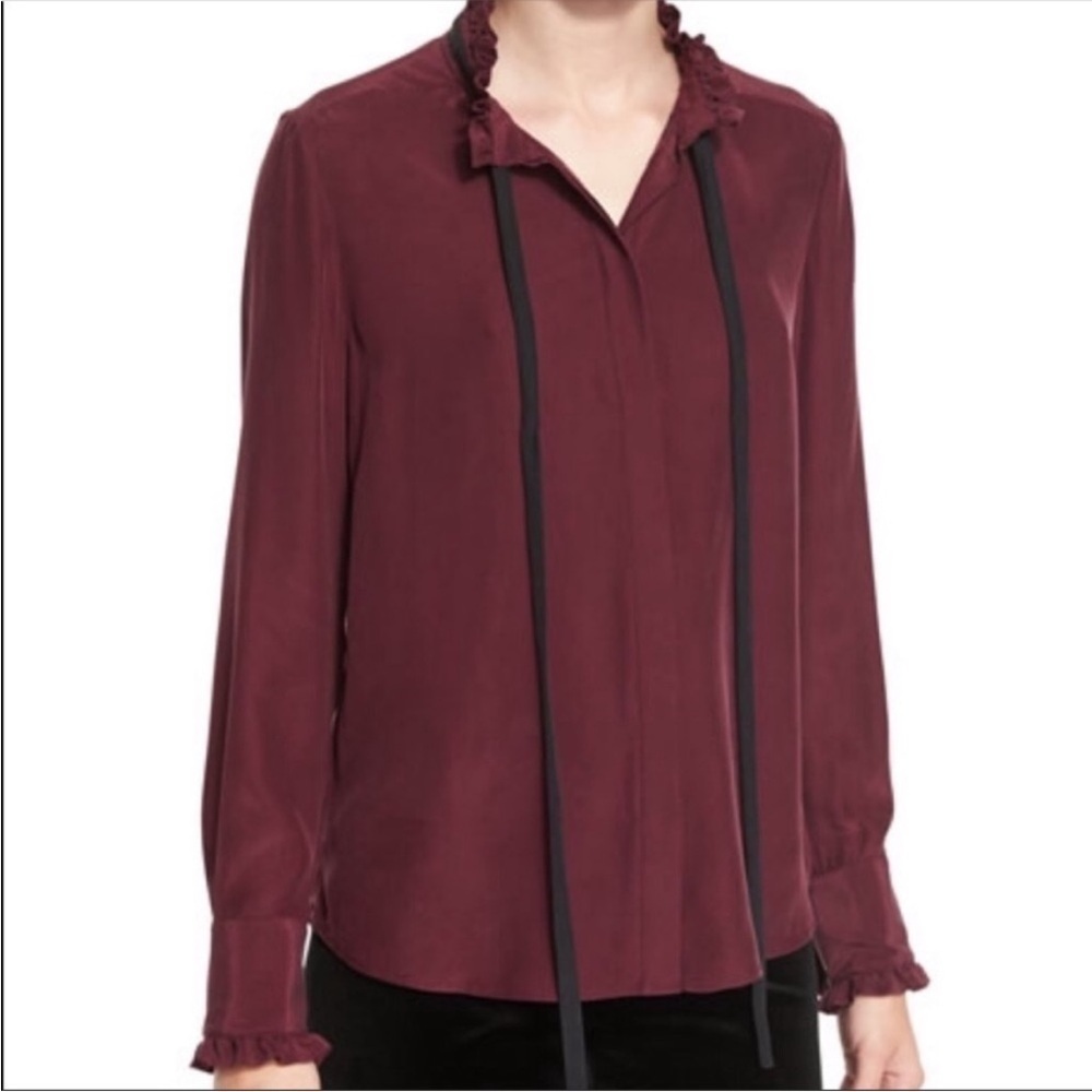 Frame Ruffle Neck Contrast Tie Silk Blouse XS burgundy Edwardian renaissance red
